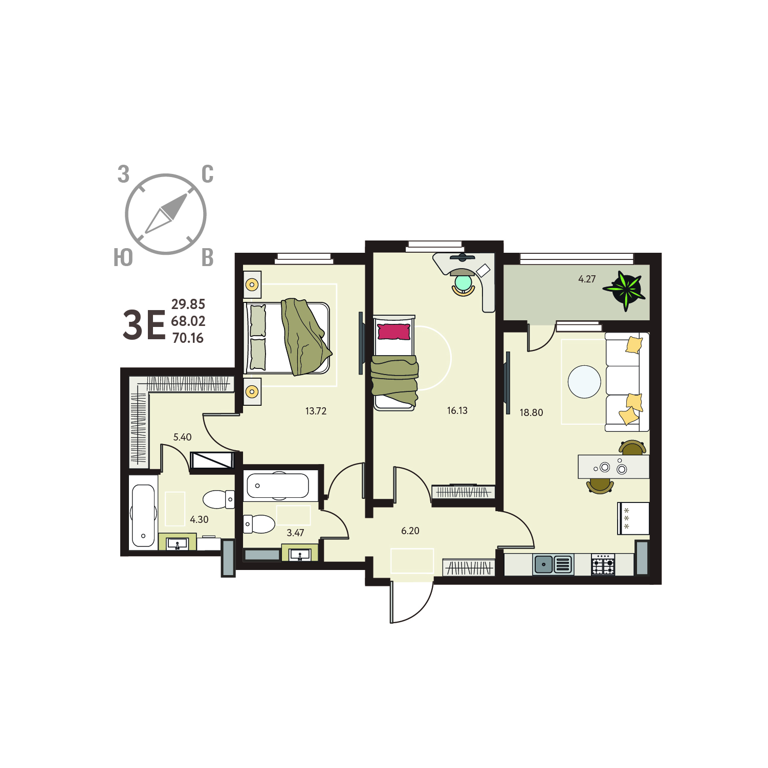 Планировка: 2-комнатная квартира, 70,16 м²