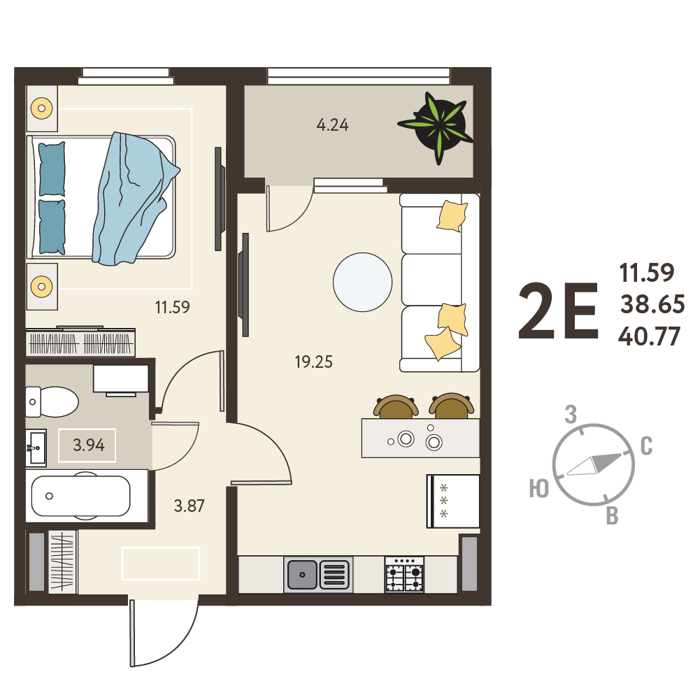 Планировка: 1-комнатная квартира, 40,77 м²
