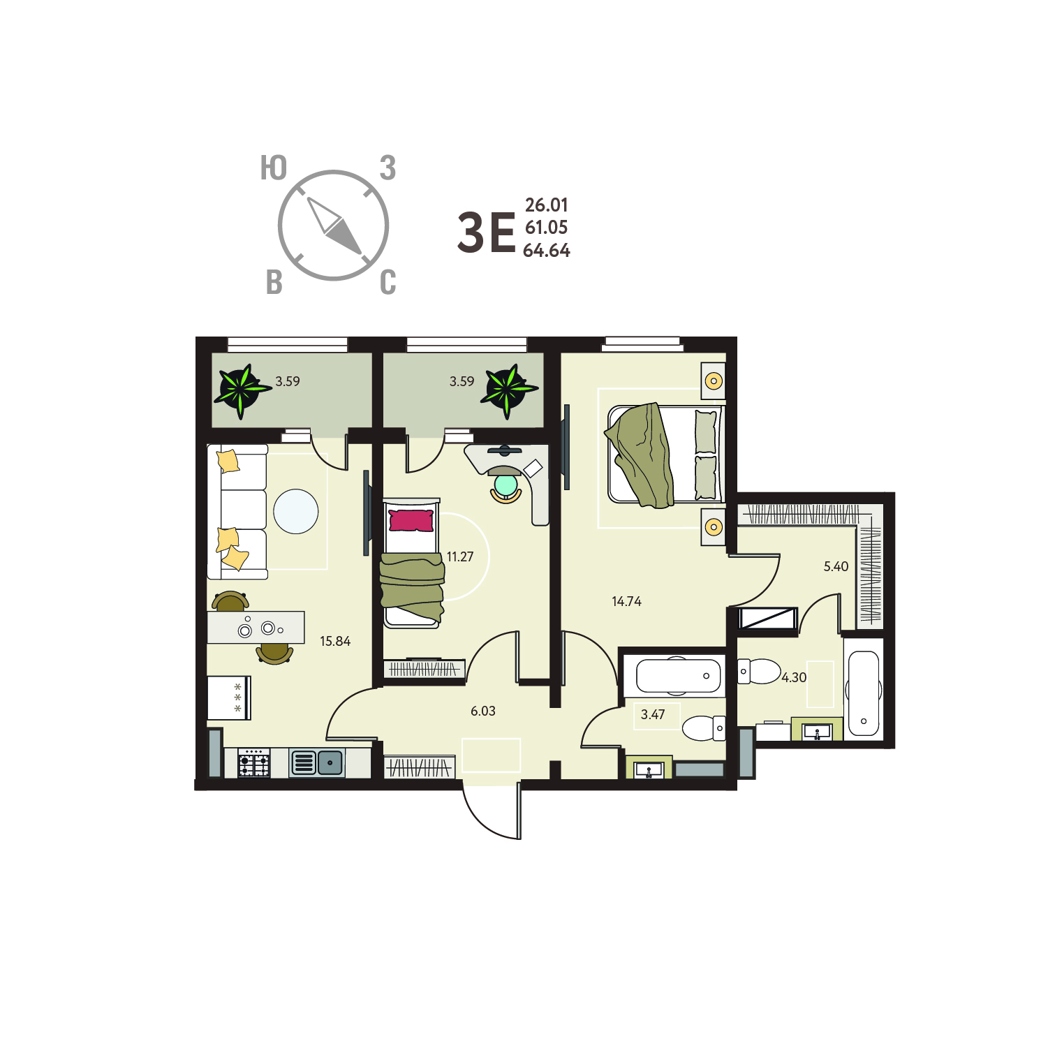 Планировка: 2-комнатная квартира, 64,64 м²