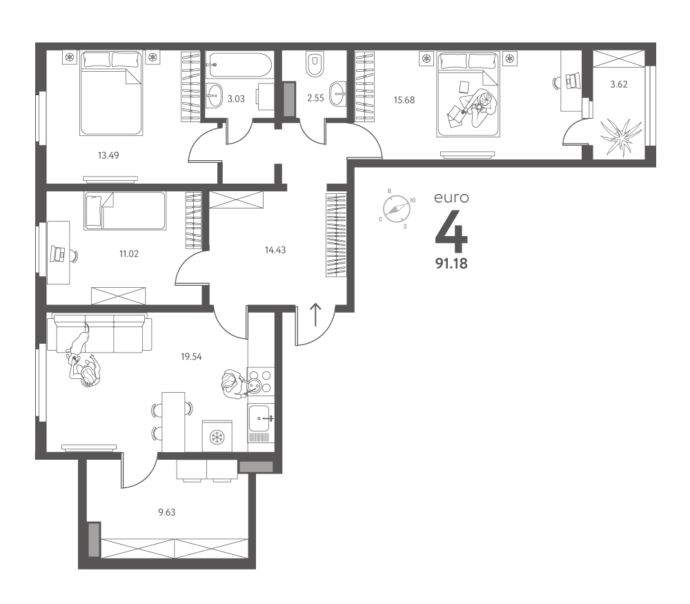 Планировка: 3-комнатная квартира, 91,18 м²