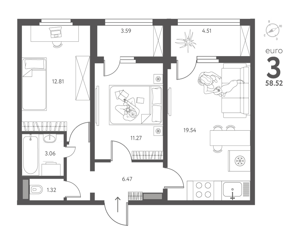 Планировка: 2-комнатная квартира, 58,52 м²