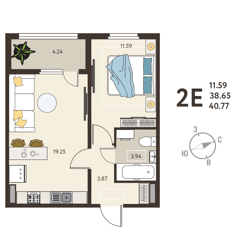 Планировка: 1-комнатная квартира, 40,77 м²