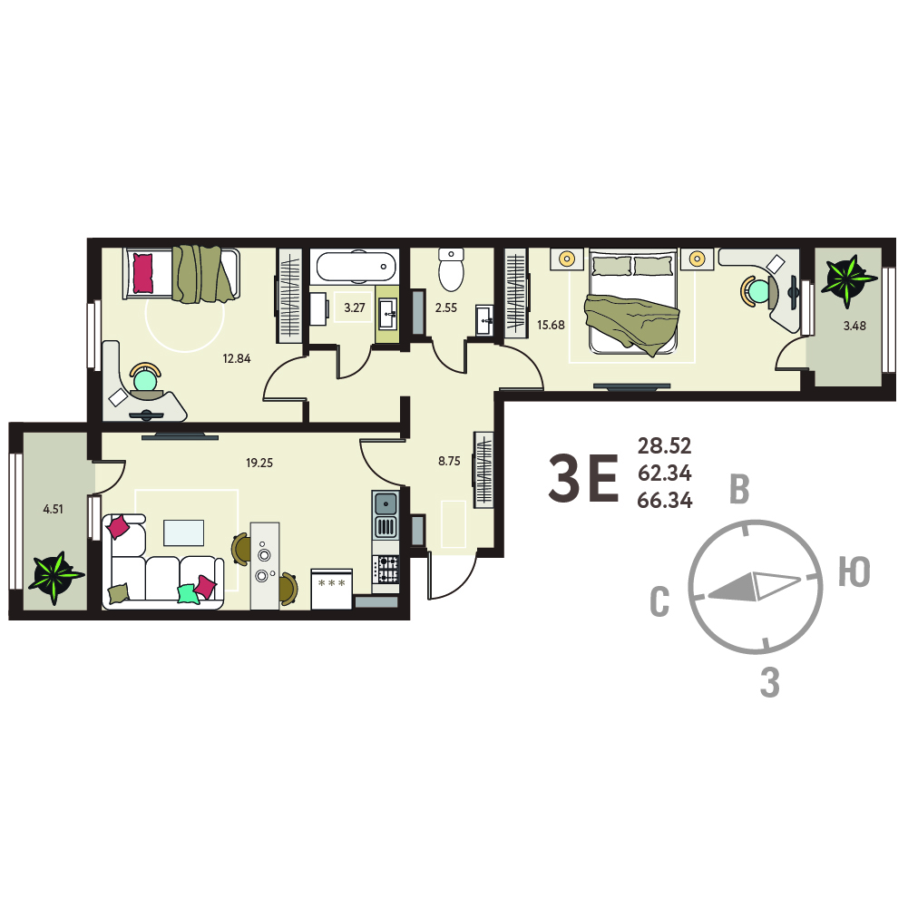Планировка: 2-комнатная квартира, 66,34 м²