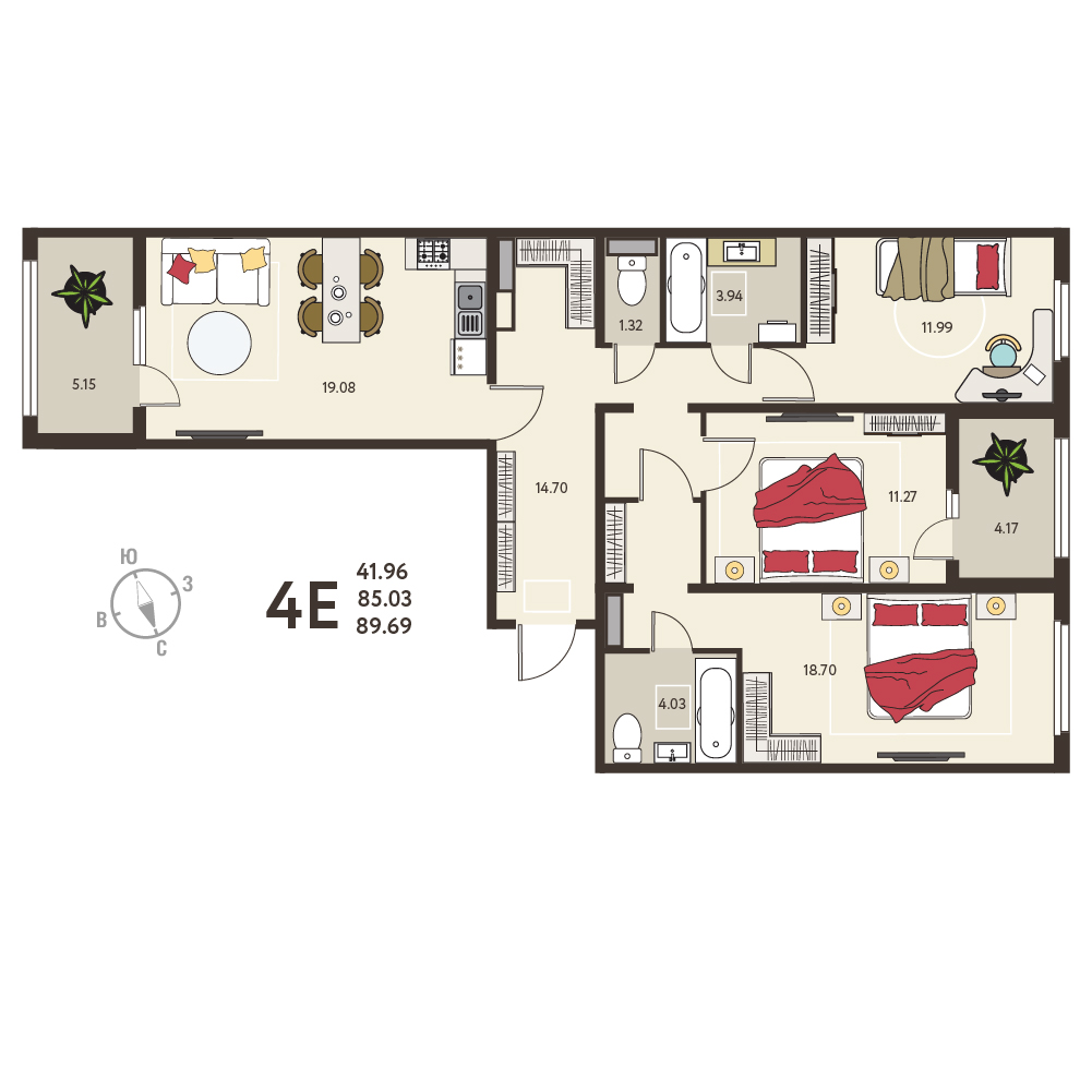Планировка: 3-комнатная квартира, 89,69 м²