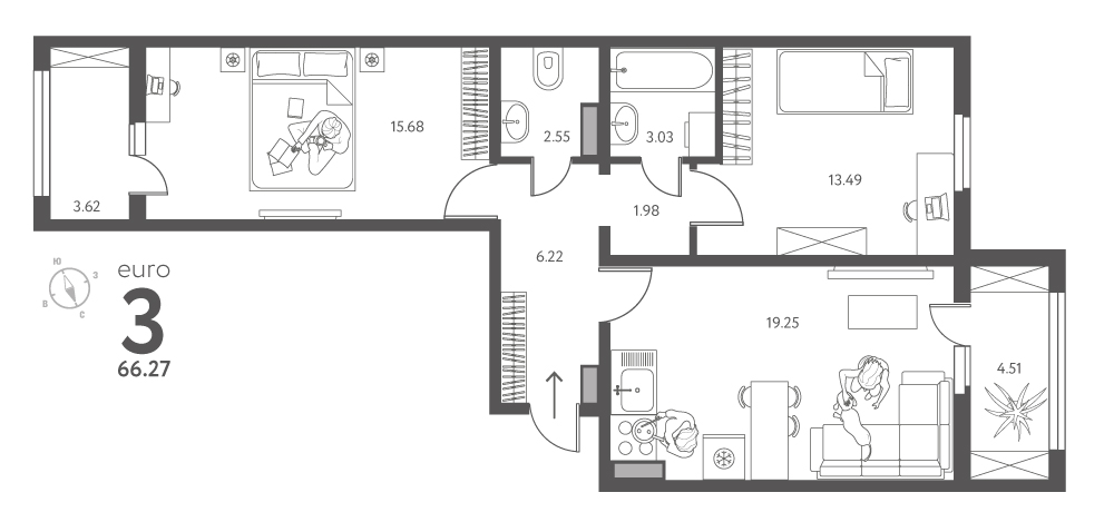 Планировка: 2-комнатная квартира, 66,27 м²