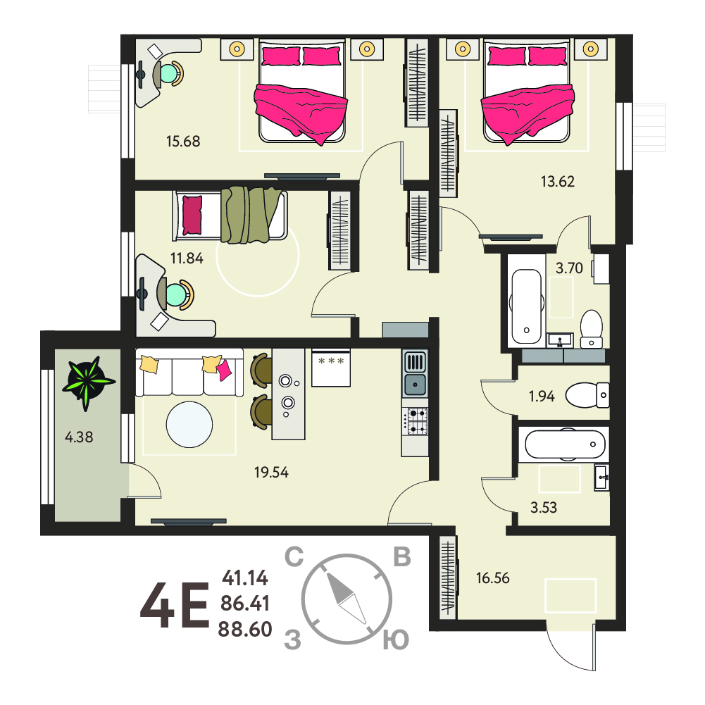 Планировка: 3-комнатная квартира, 88,6 м²