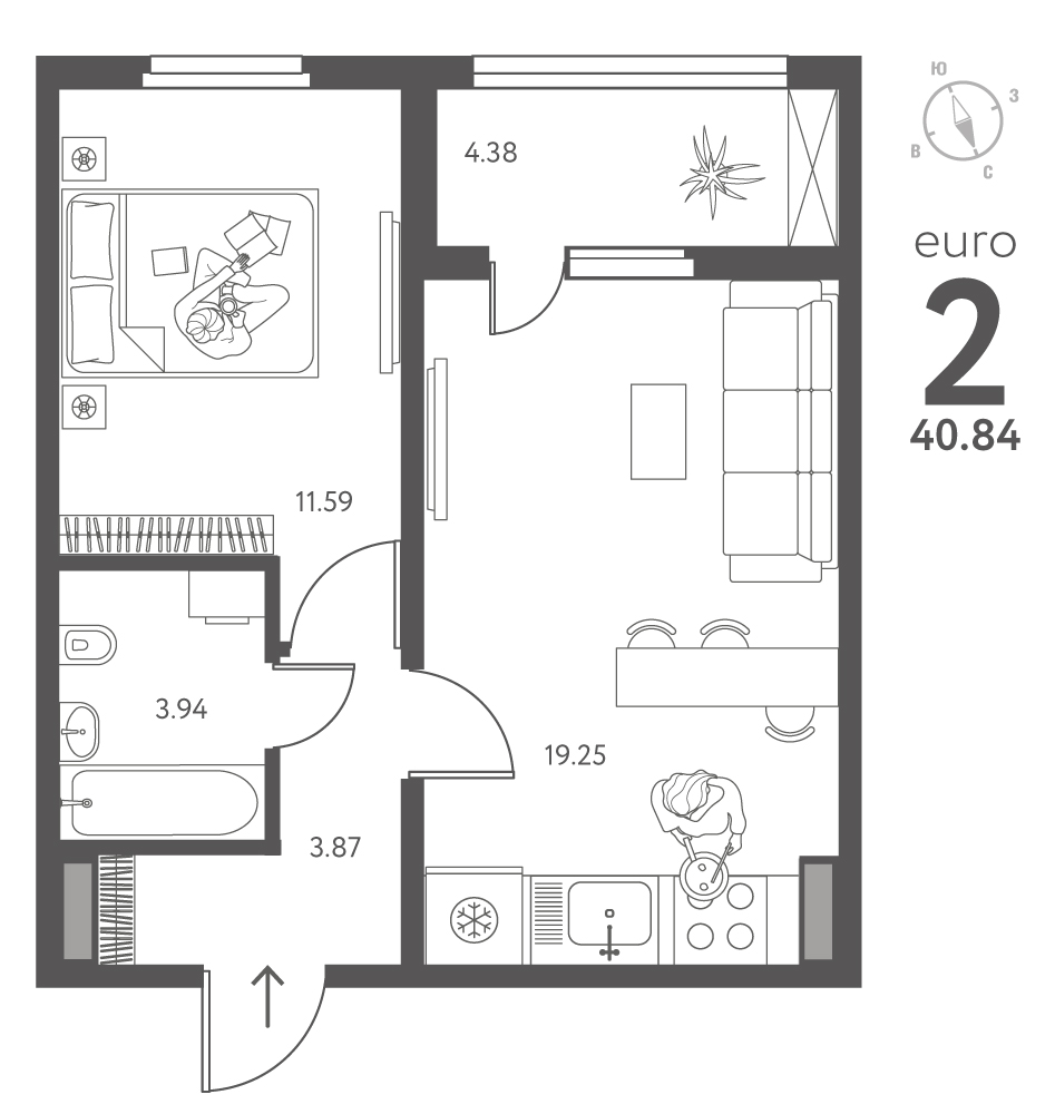 Планировка: 1-комнатная квартира, 40,84 м²