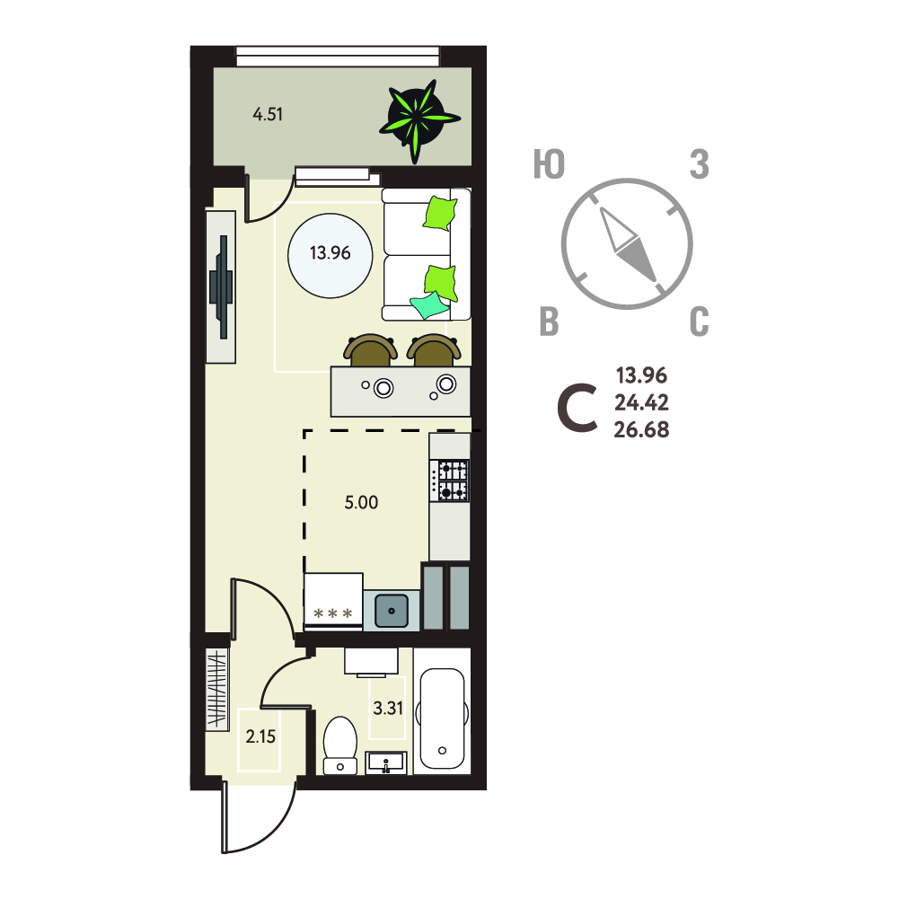 Планировка: Квартира-студия, 26,68 м²