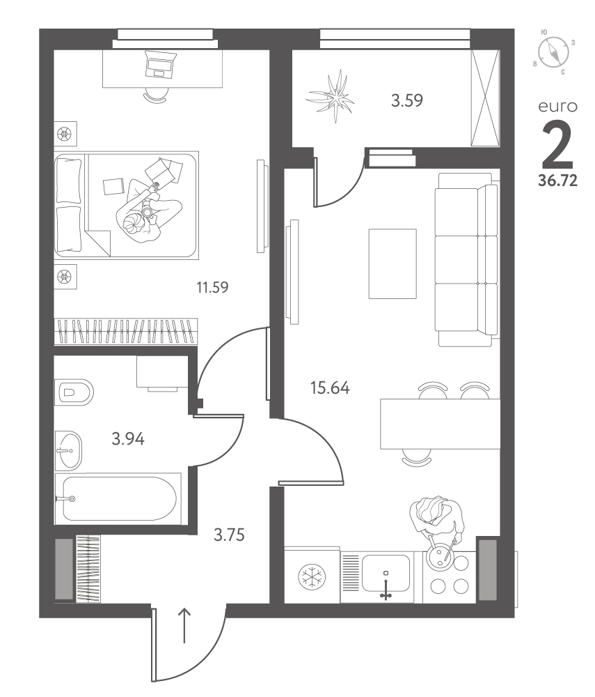 Планировка: 1-комнатная квартира, 36,72 м²
