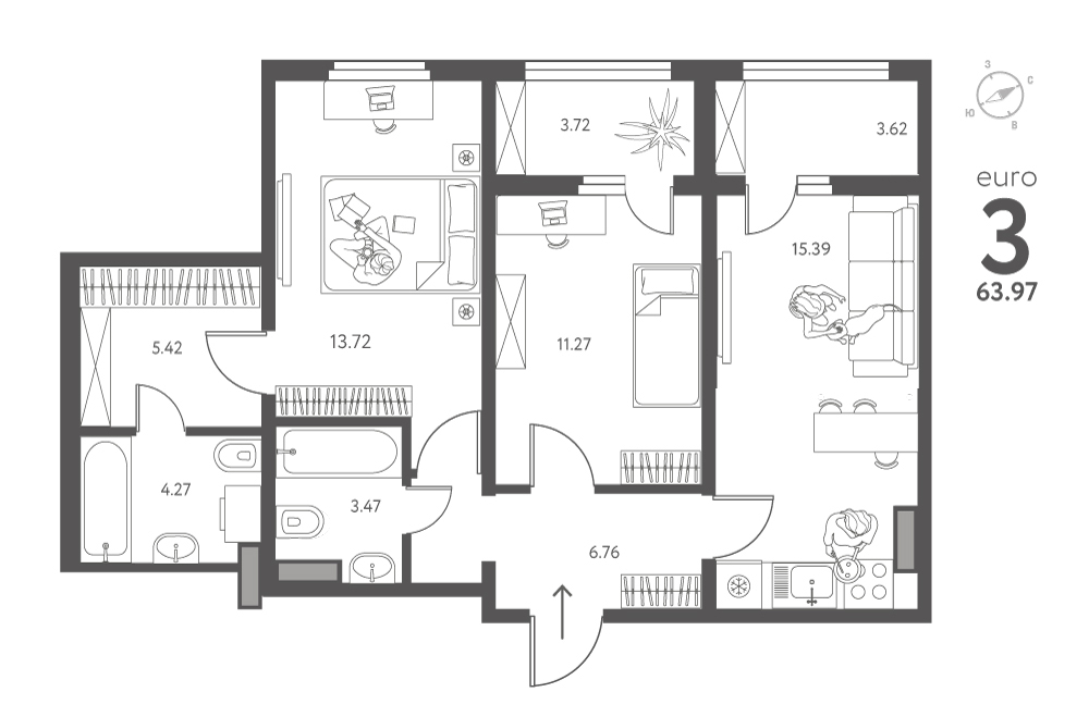 Планировка: 2-комнатная квартира, 63,97 м²