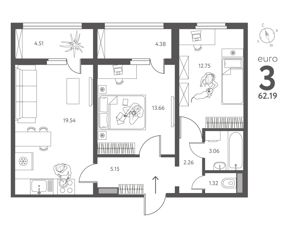 Планировка: 2-комнатная квартира, 62,19 м²