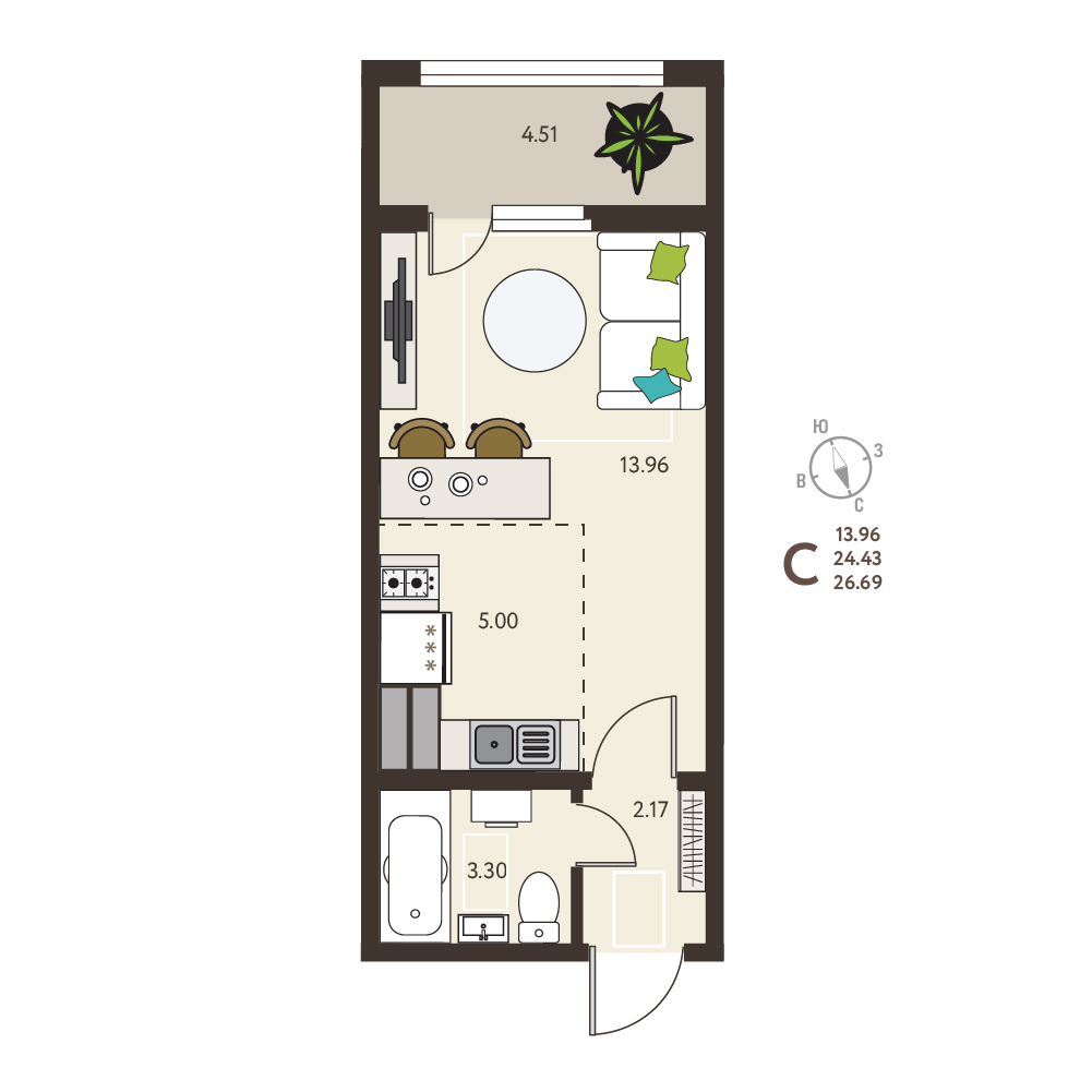 Планировка: Квартира-студия, 26,69 м²