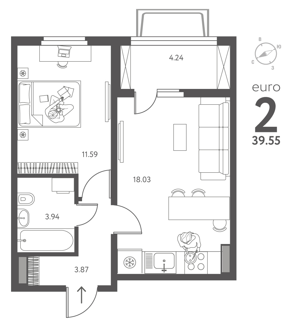 Планировка: 1-комнатная квартира, 39,55 м²