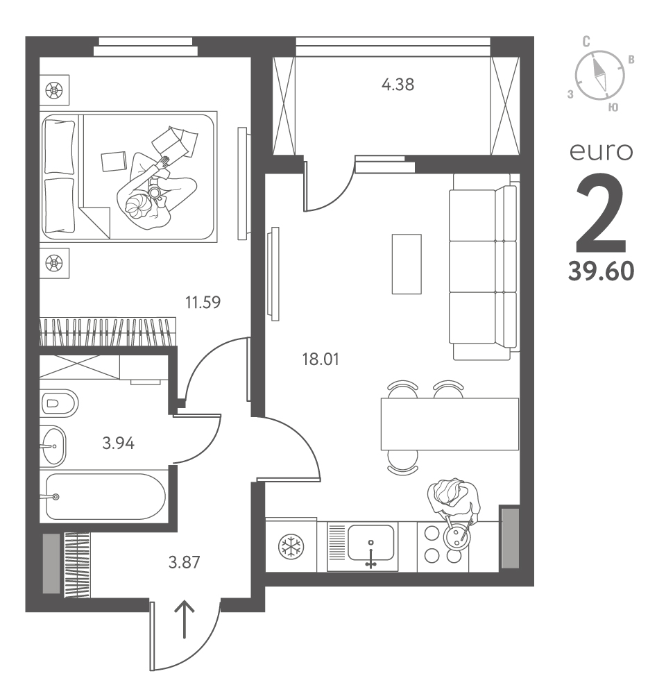 Планировка: 1-комнатная квартира, 39,6 м²