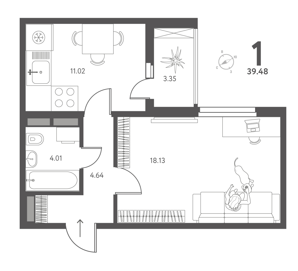 Планировка: 1-комнатная квартира, 39,48 м²