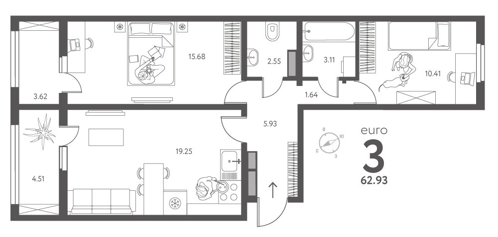 Планировка: 2-комнатная квартира, 62,93 м²