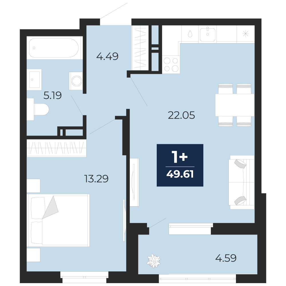 Планировка: 1-комнатная квартира, 49,61 м²