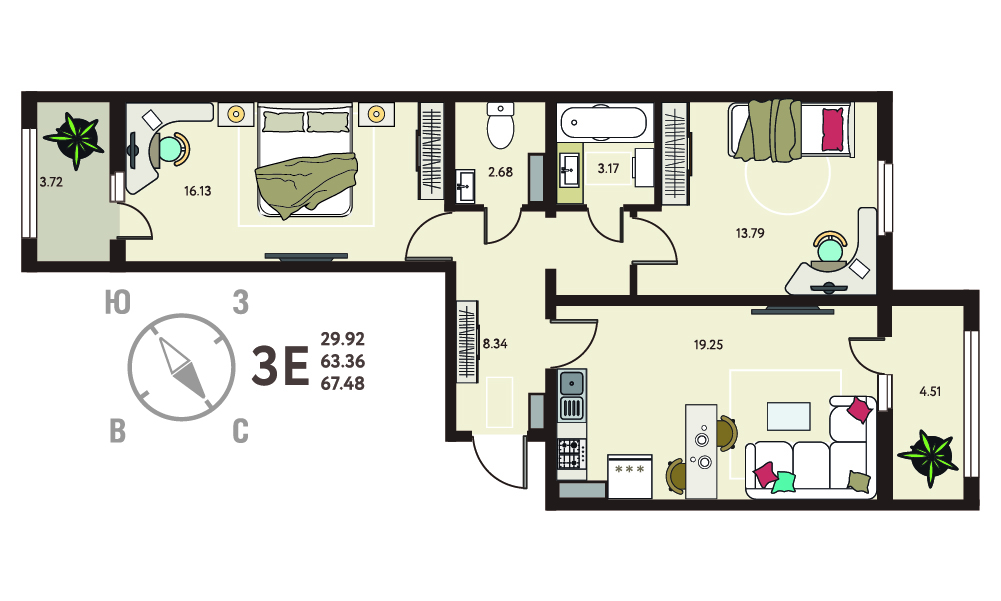 Планировка: 2-комнатная квартира, 67,48 м²