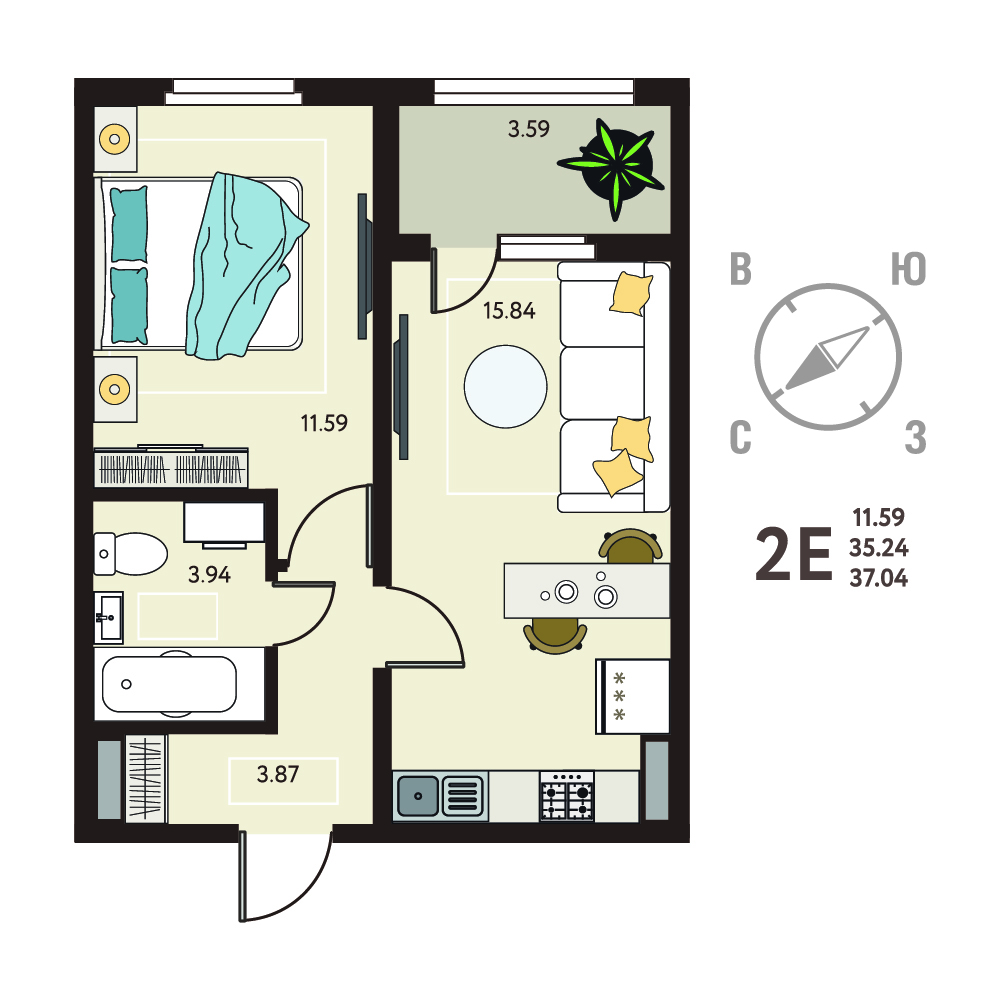 Планировка: 1-комнатная квартира, 37,04 м²