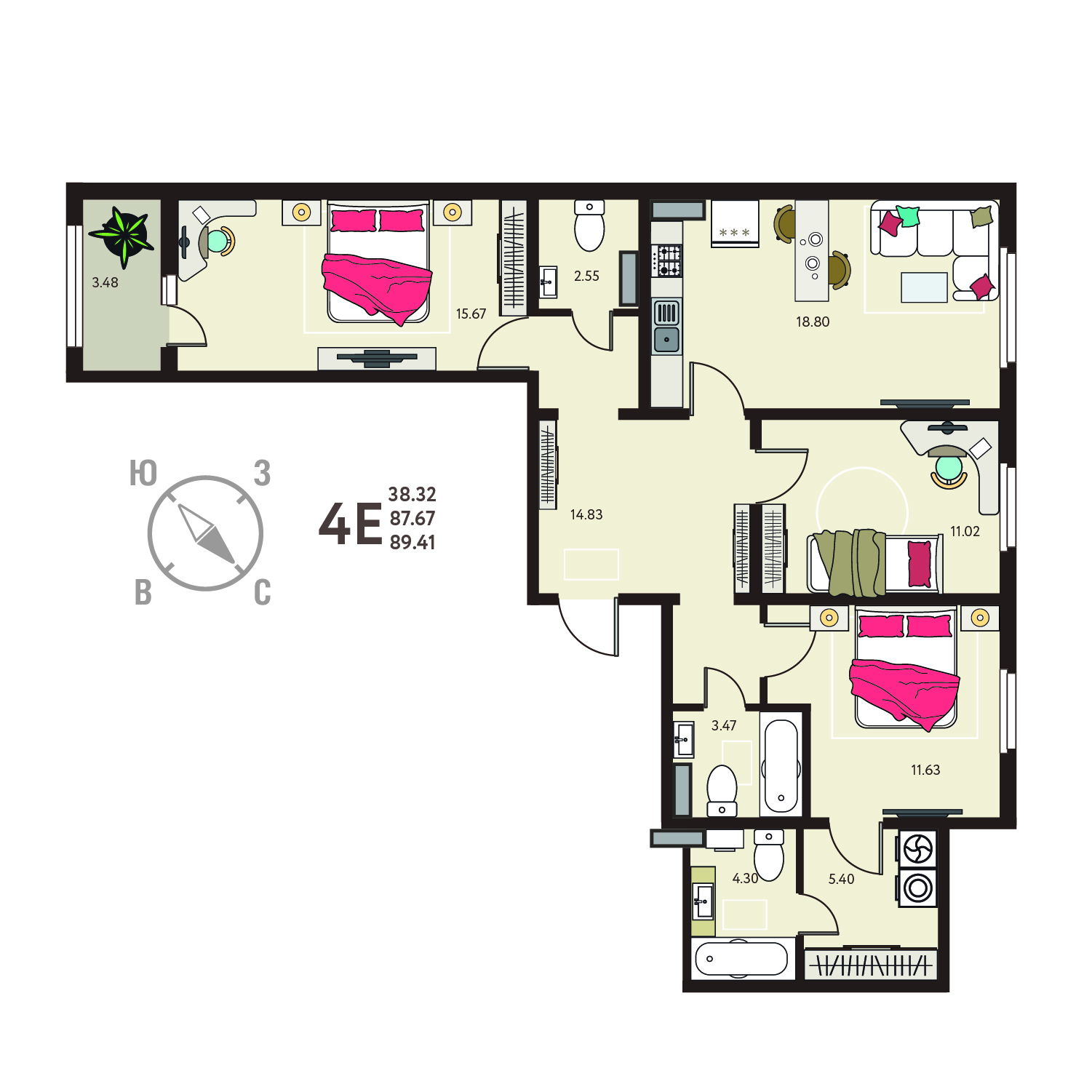 Планировка: 3-комнатная квартира, 89,41 м²
