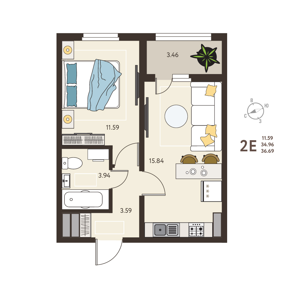 Планировка: 1-комнатная квартира, 36,69 м²