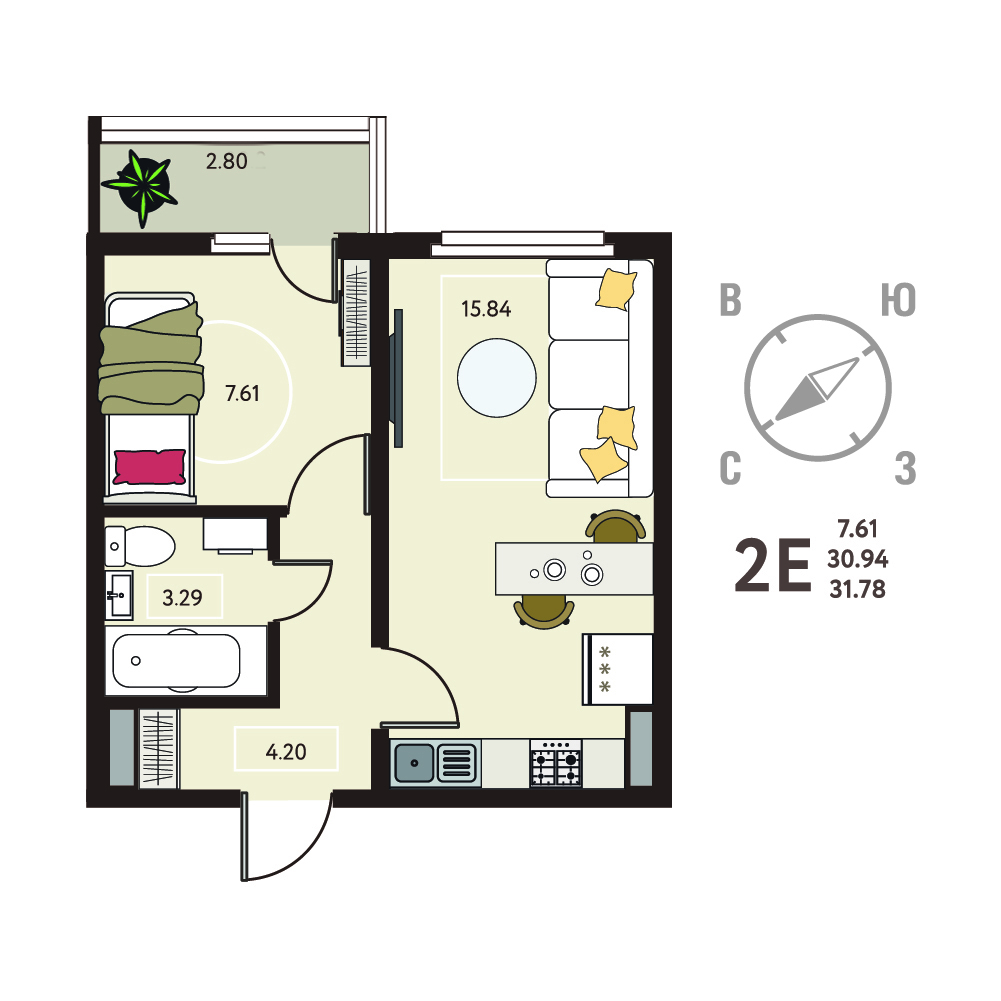 Планировка: 1-комнатная квартира, 31,78 м²