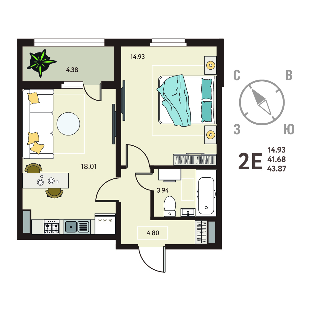 Планировка: 1-комнатная квартира, 43,87 м²