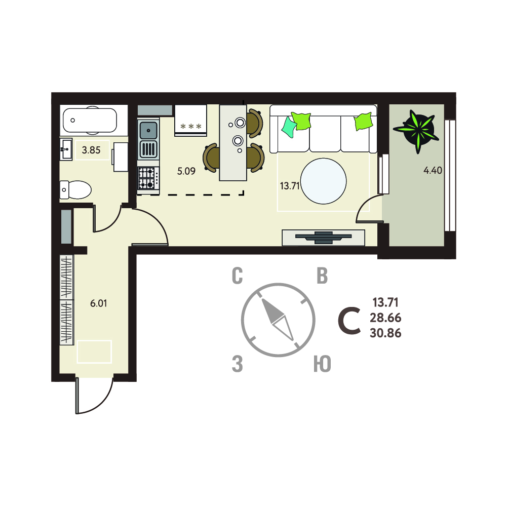 Планировка: Квартира-студия, 30,86 м²
