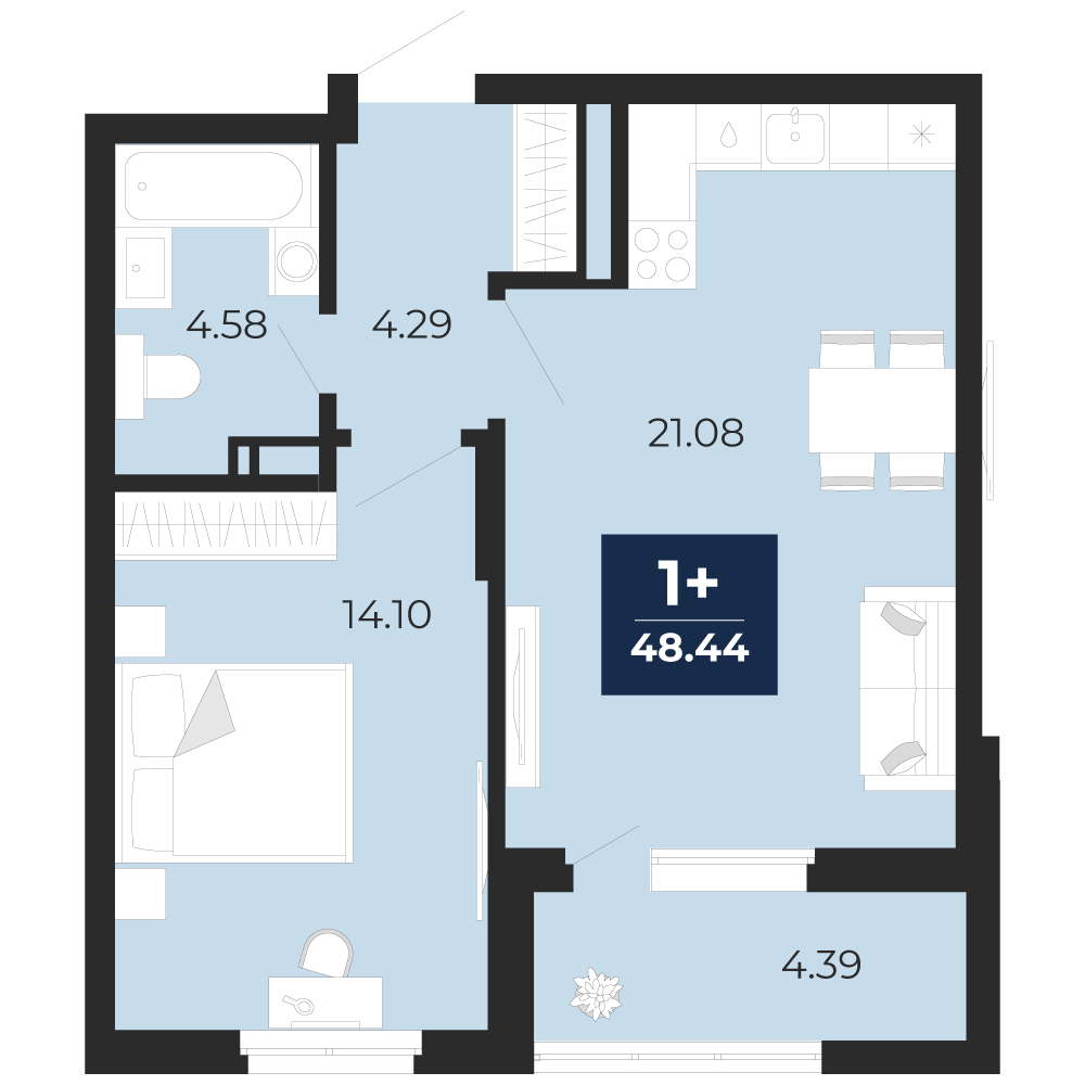 Планировка: 1-комнатная квартира, 48,44 м²