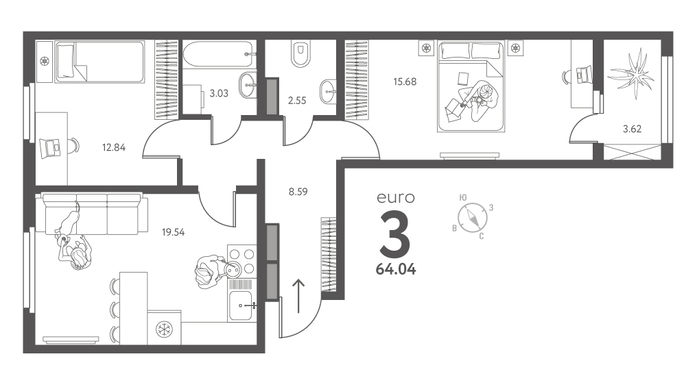 Планировка: 2-комнатная квартира, 64,04 м²