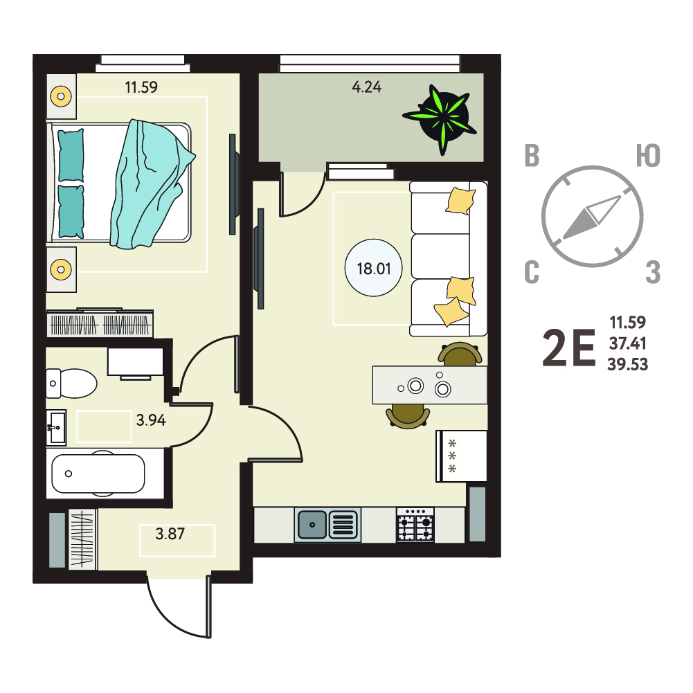 Планировка: 1-комнатная квартира, 39,53 м²