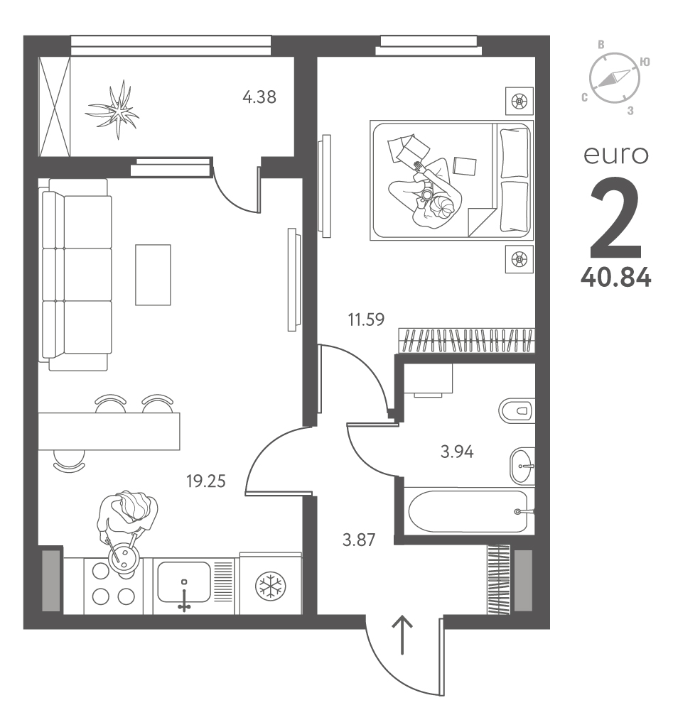 Планировка: 1-комнатная квартира, 40,84 м²