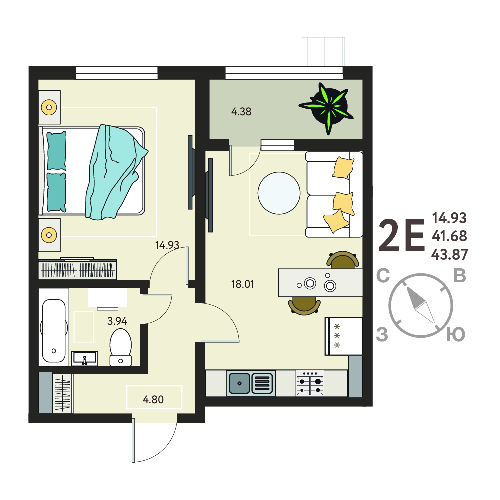 Планировка: 1-комнатная квартира, 43,87 м²
