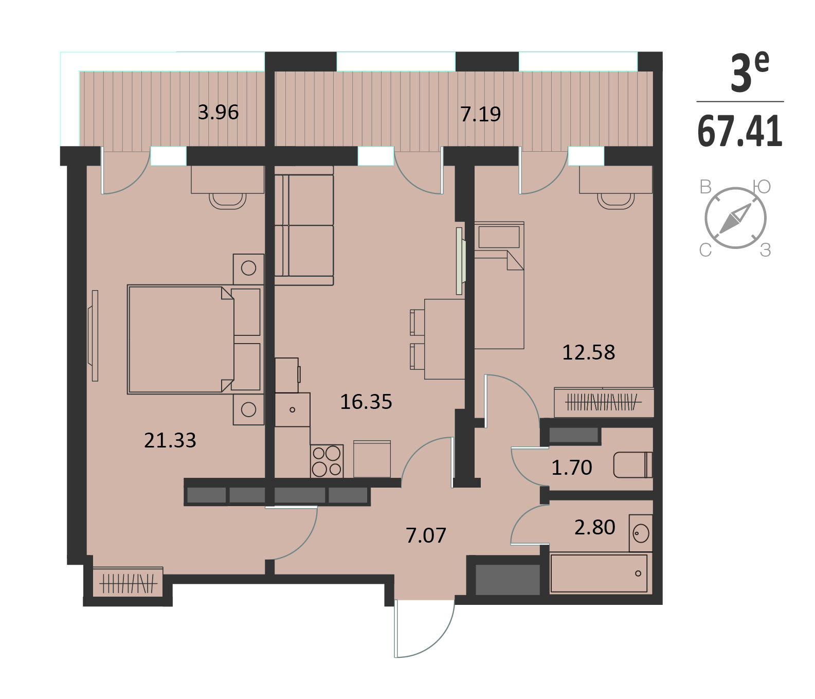 Планировка: 2-комнатная квартира, 67,41 м²