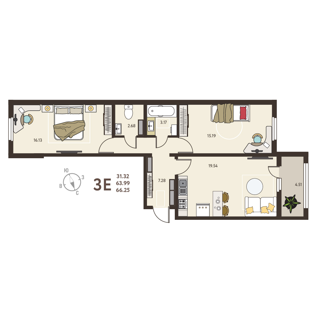 Планировка: 2-комнатная квартира, 66,25 м²