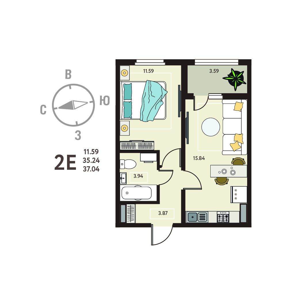 Планировка: 1-комнатная квартира, 37,04 м²