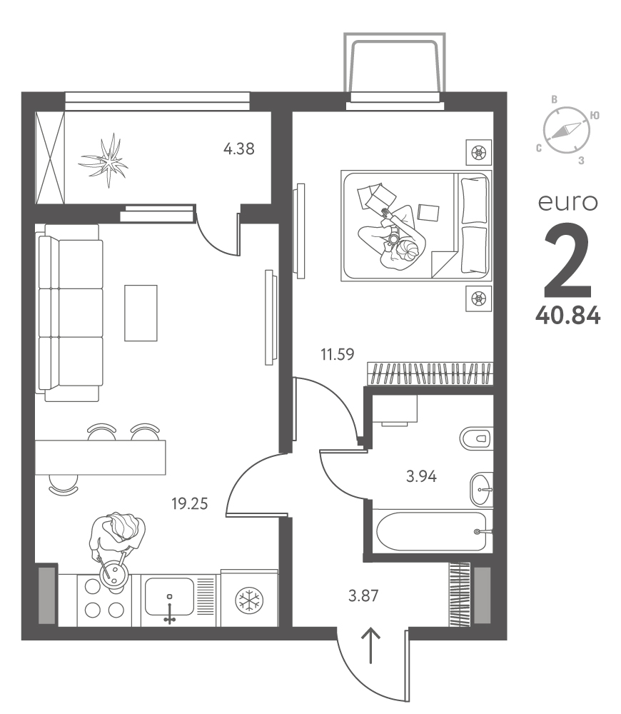 Планировка: 1-комнатная квартира, 40,84 м²