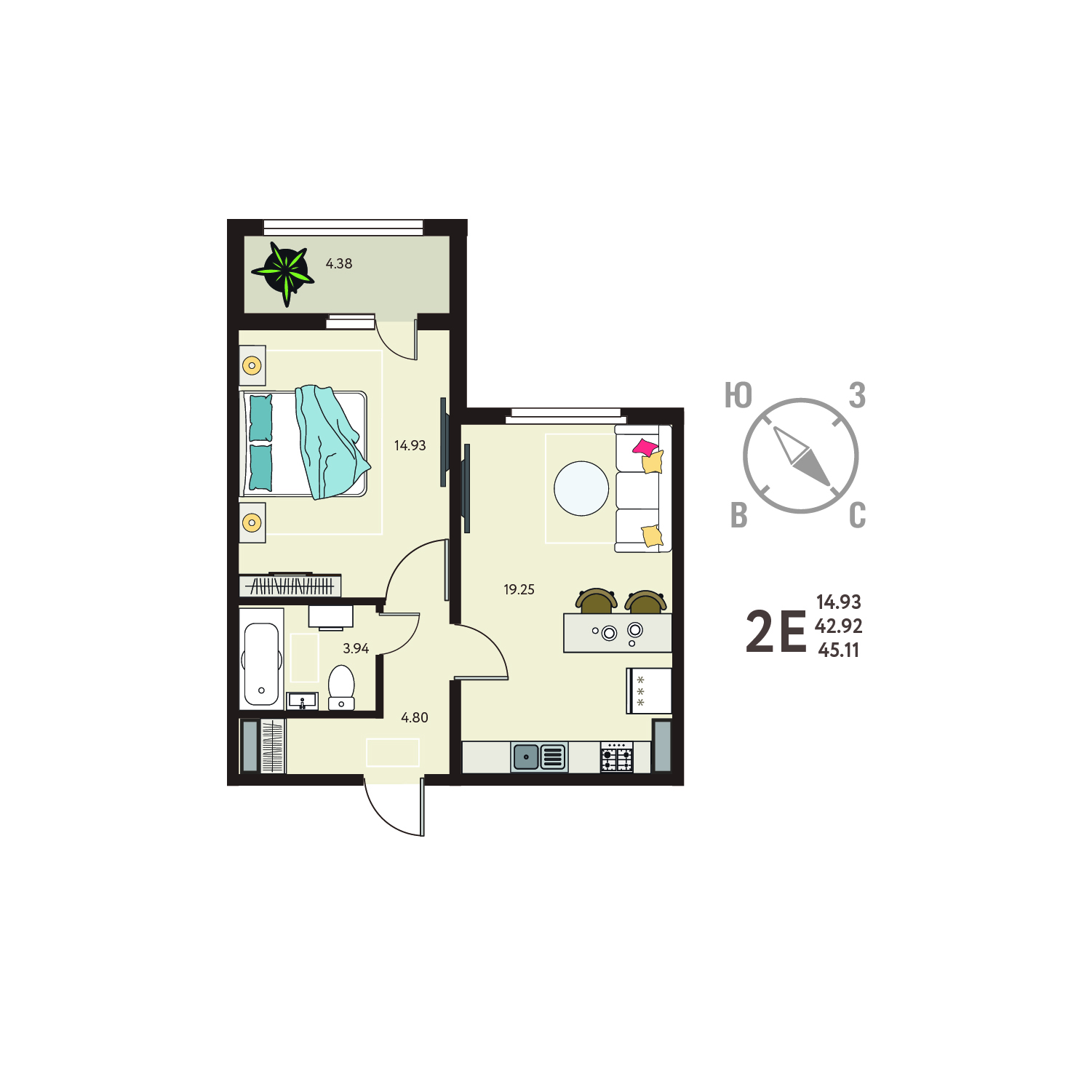 Планировка: 1-комнатная квартира, 45,11 м²