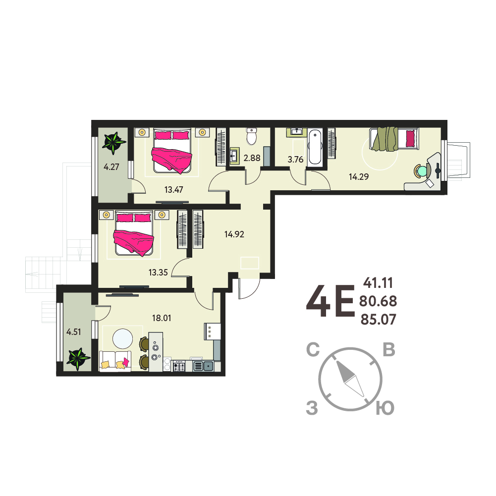 Планировка: 3-комнатная квартира, 85,07 м²