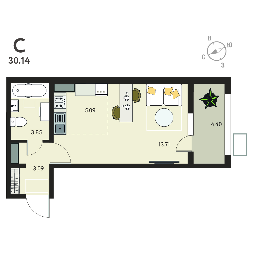 Планировка: Квартира-студия, 27,94 м²