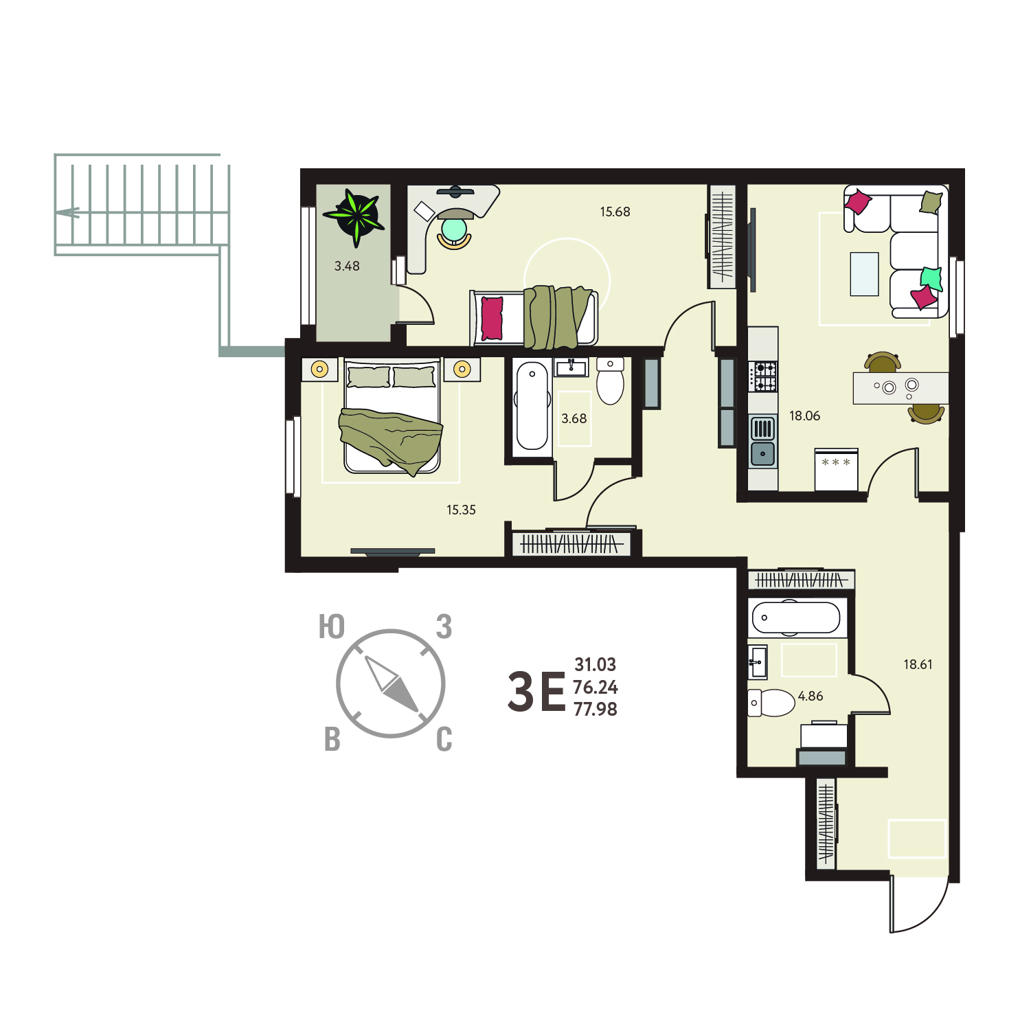 Планировка: 2-комнатная квартира, 77,98 м²