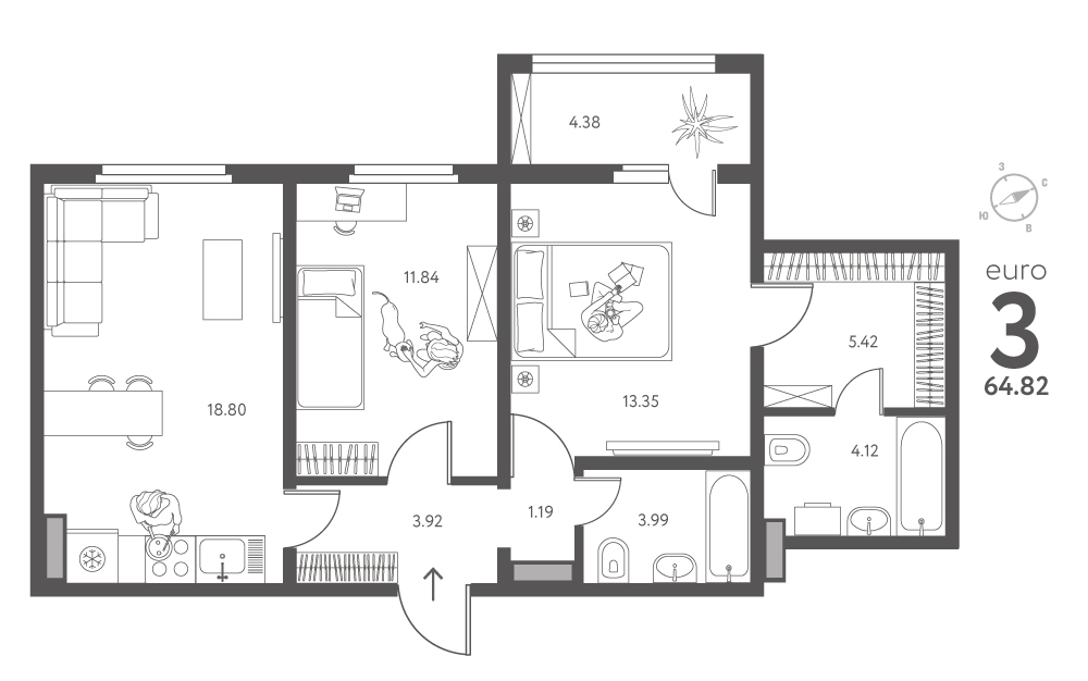 Планировка: 2-комнатная квартира, 64,82 м²
