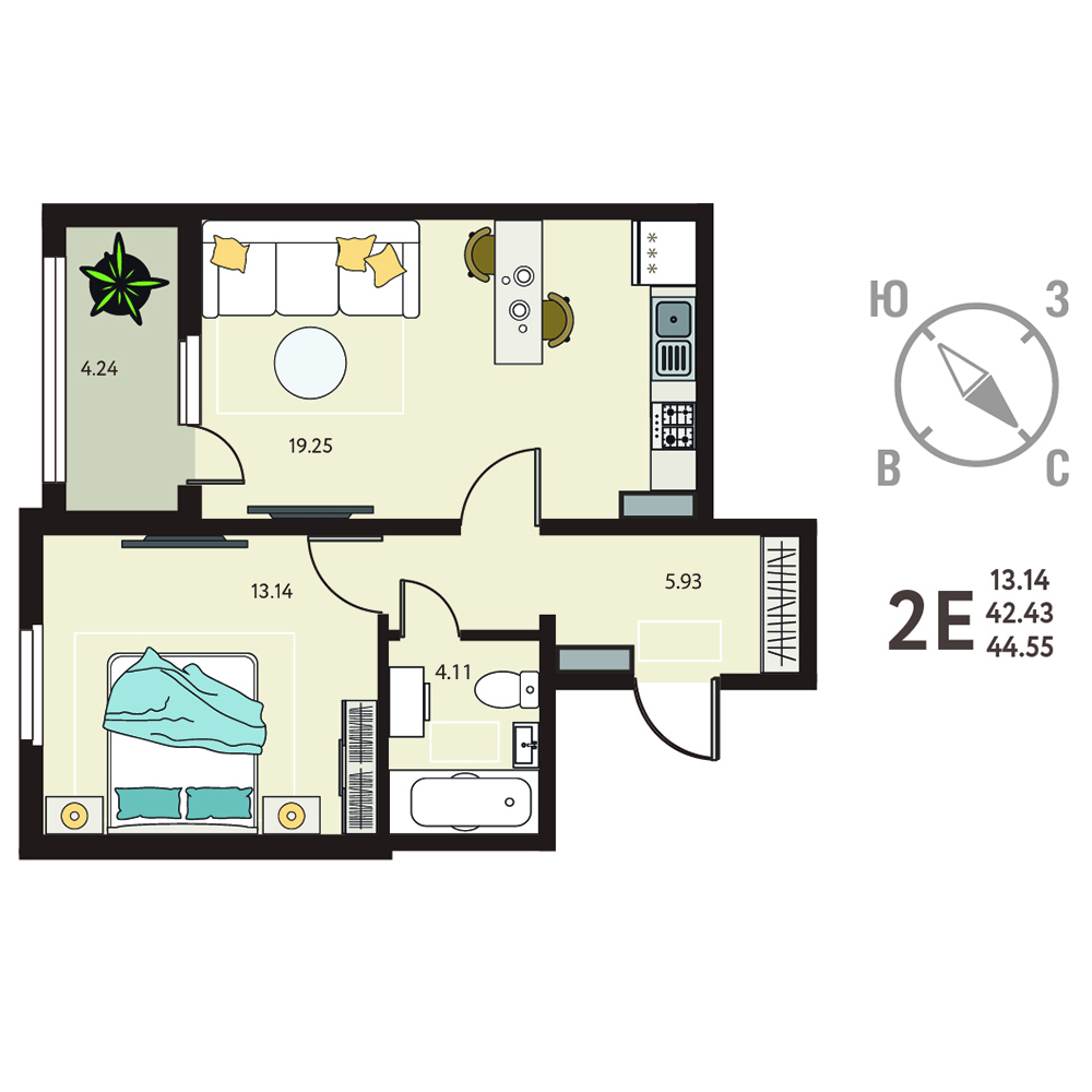 Планировка: 1-комнатная квартира, 44,55 м²