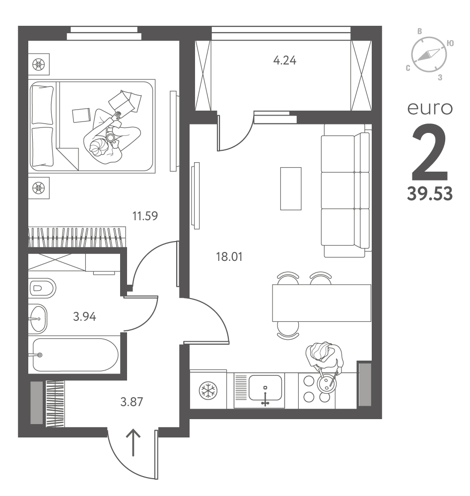 Планировка: 1-комнатная квартира, 39,53 м²