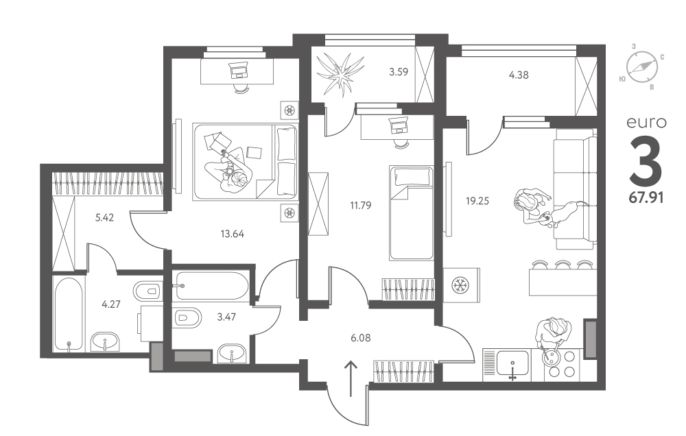 Планировка: 2-комнатная квартира, 67,91 м²