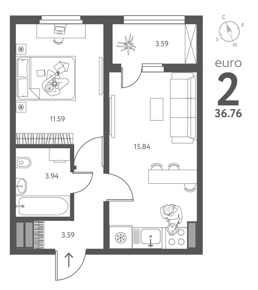 Планировка: 1-комнатная квартира, 36,76 м²