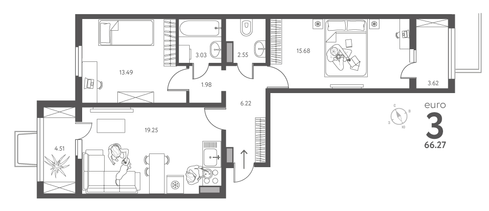 Планировка: 2-комнатная квартира, 66,27 м²