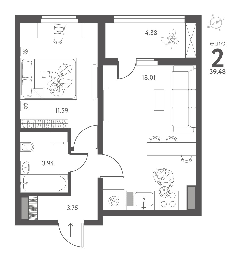 Планировка: 1-комнатная квартира, 39,48 м²