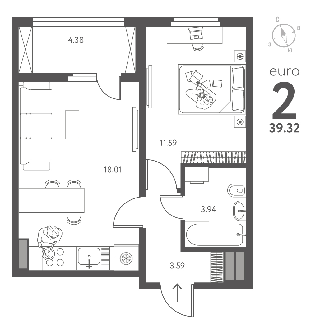 Планировка: 1-комнатная квартира, 39,32 м²