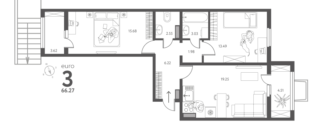 Планировка: 2-комнатная квартира, 66,27 м²